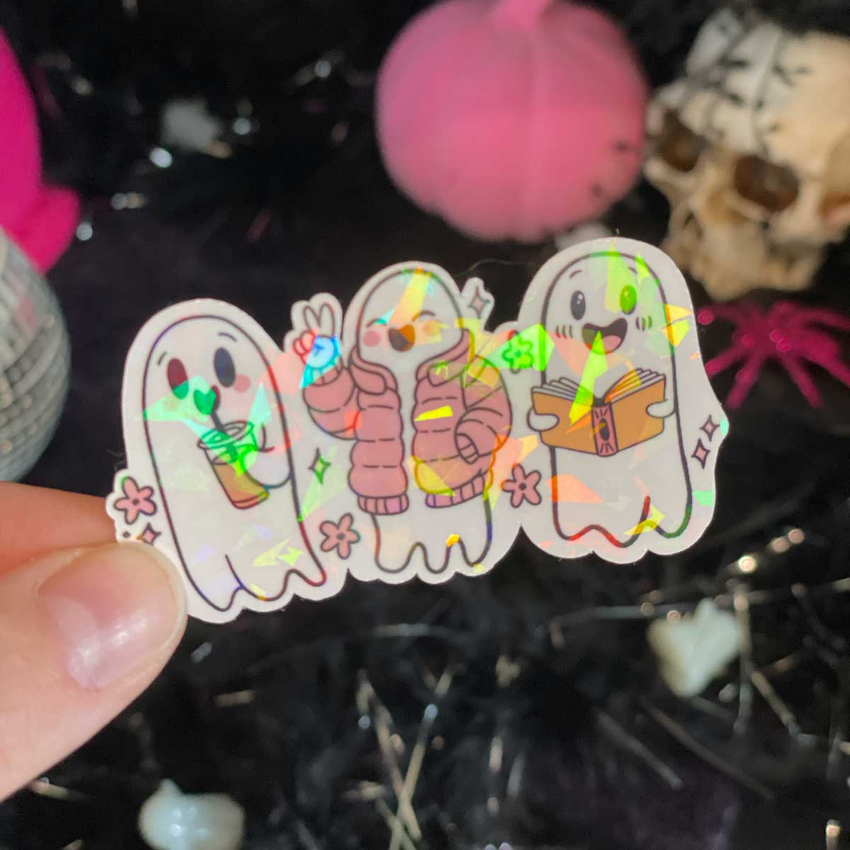 Iced Coffee and Bookish Ghostie Vinyl Sticker - Art By Taura