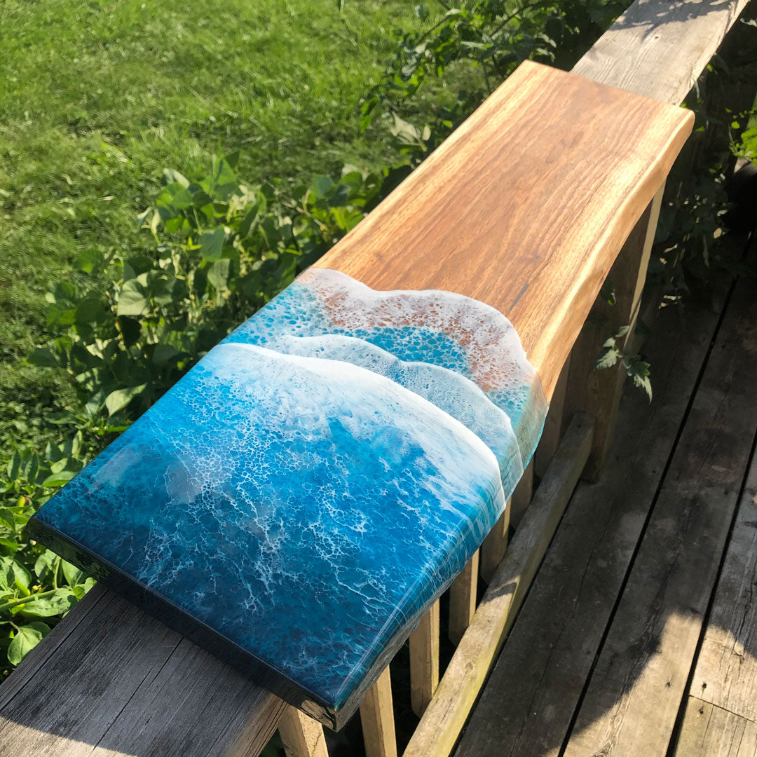 Long Teal Ocean Wave Walnut Live Edge Charcuterie Board A - Art By Taura 