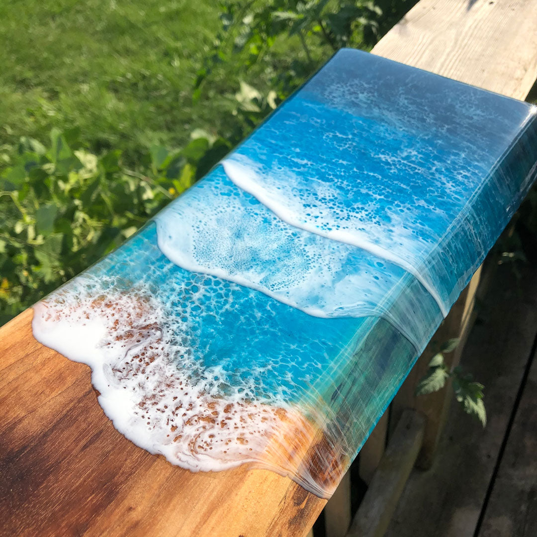 Long Teal Ocean Wave Walnut Live Edge Charcuterie Board B - Art By Taura 